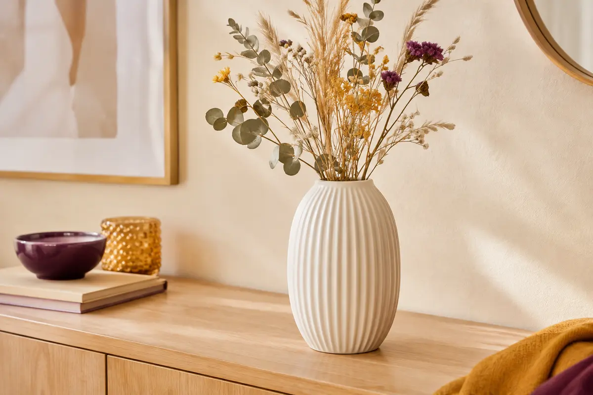 Vase ovale en céramique blanche mate à rainures, posé sur une console avec des tiges séchées.