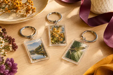 Trois porte-clés photo rectangulaires en acrylique transparent avec anneaux métalliques et images végétales