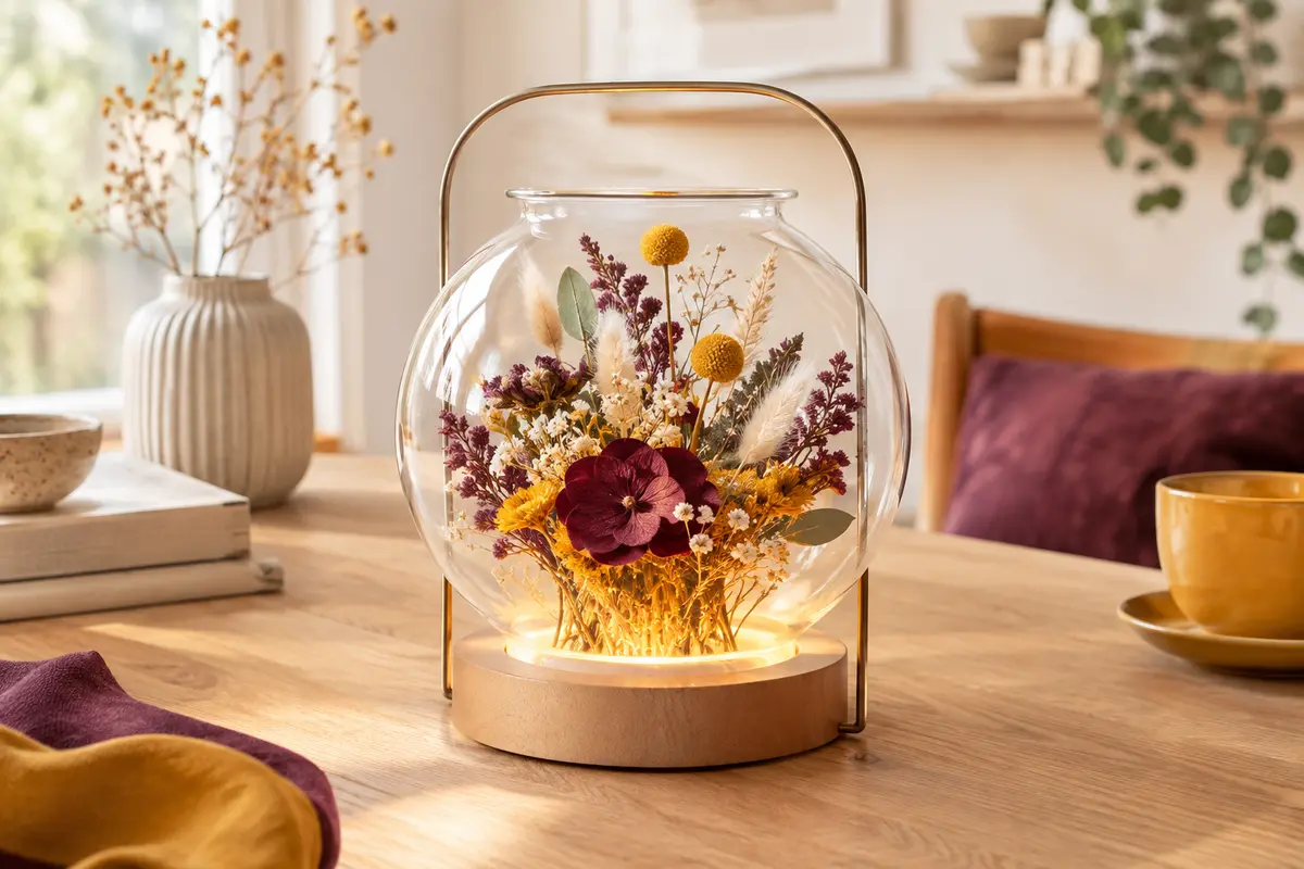 Vase lumineux en verre transparent avec base en bois de hêtre et cadre métallique, présenté avec des fleurs.
