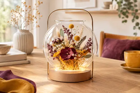 Vase lumineux en verre transparent avec base en bois de hêtre et cadre métallique, présenté avec des fleurs.