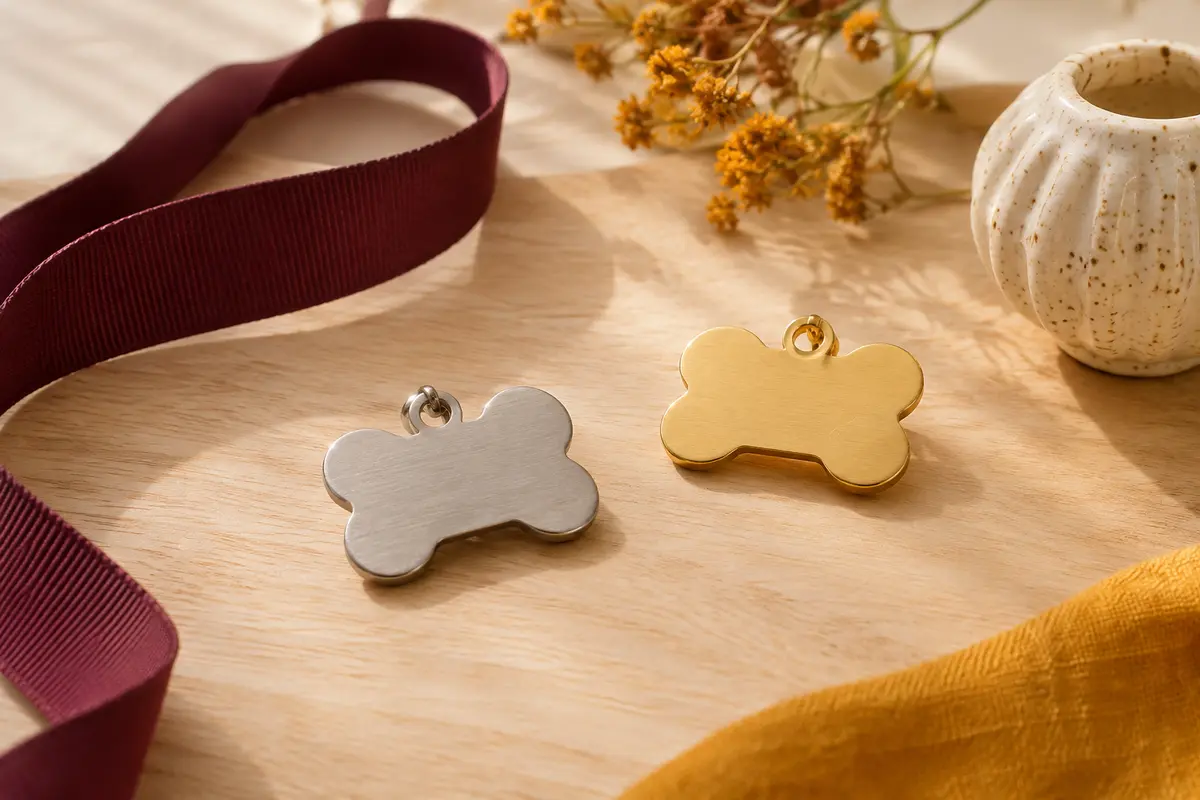 Médaille pour animal en forme d’os, en acier inoxydable argenté et doré sur un fond clair