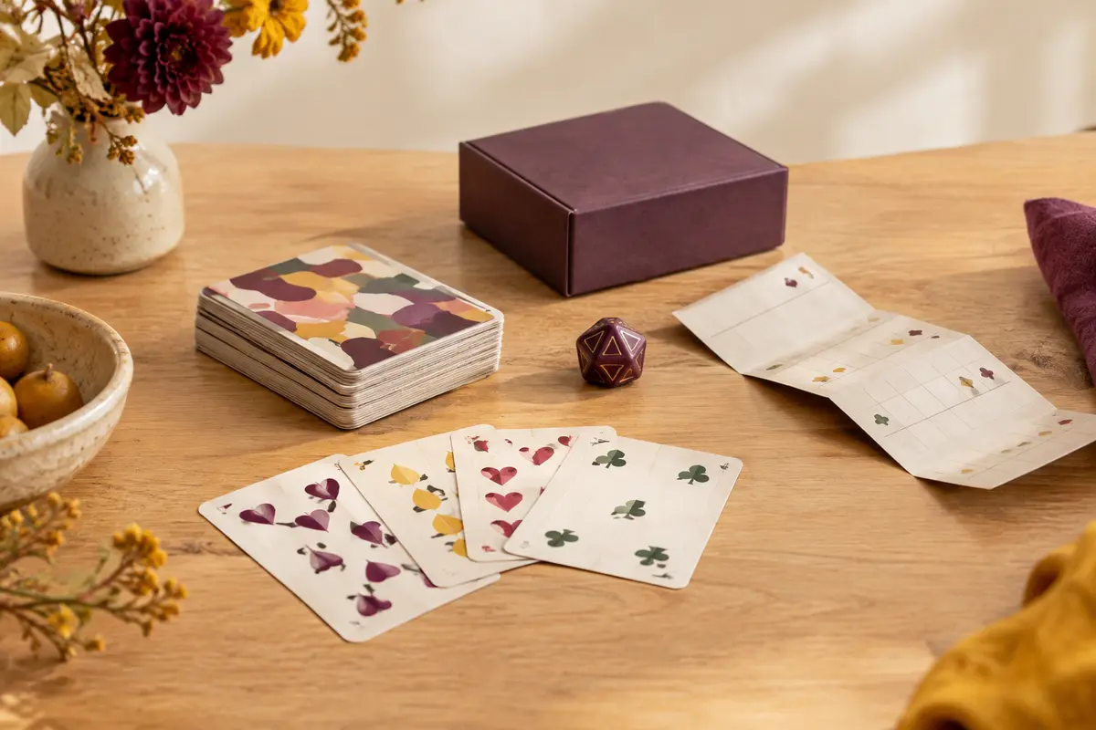 Jeu de cartes colorées Papayoo avec un dé à huit faces et une règle sur une table en bois clair
