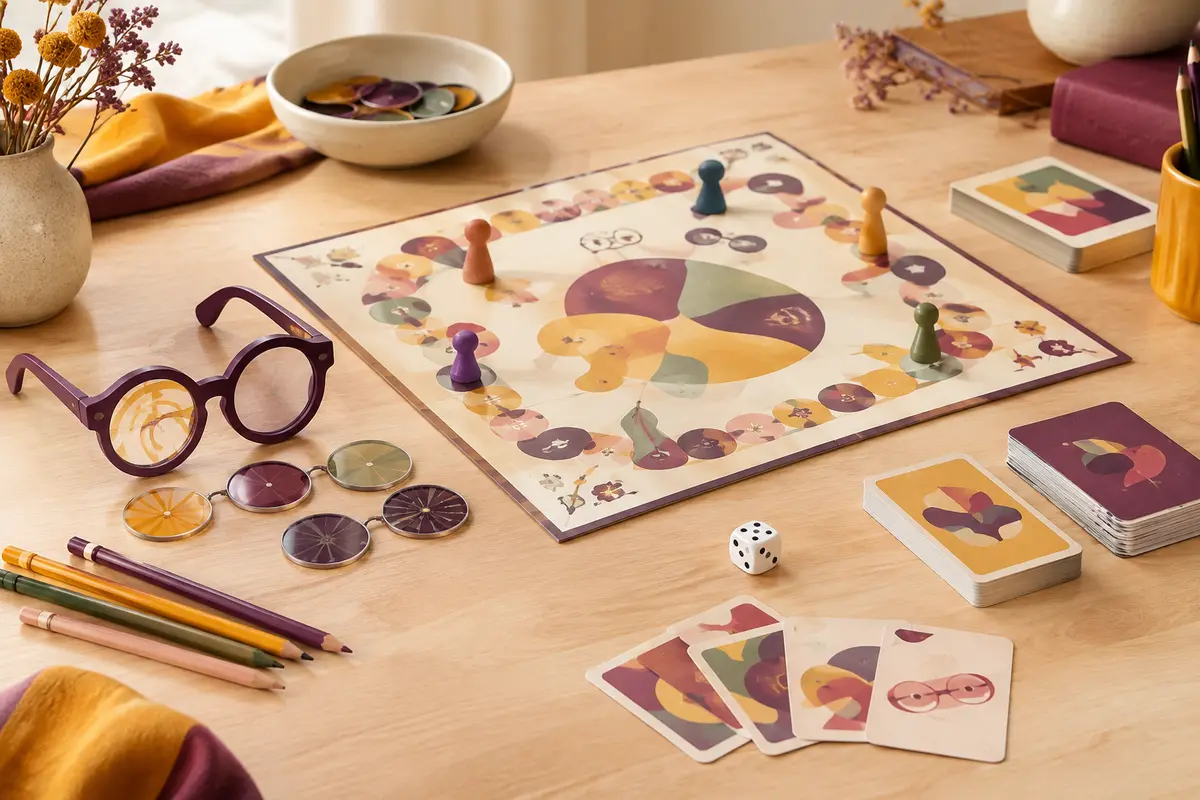 Jeu de dessin en équipe avec lunettes à verres déformants, plateau, cartes et crayons sur une table claire.
