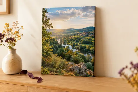 Toile photo personnalisée verticale de 20 x 30 cm sur châssis en bois, présentée dans un décor lumineux.