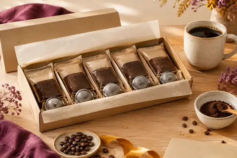 Cinq cafés moulus et des infuseurs réunis dans une composition cadeau sur une table en bois clair.
