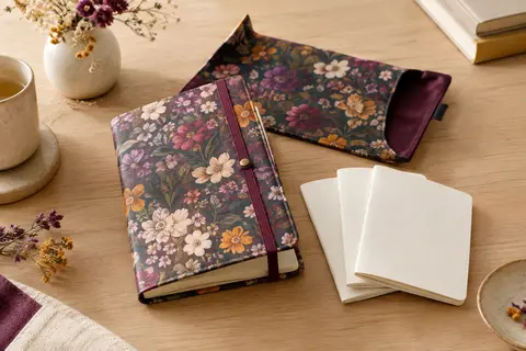 Carnet de voyage fleuri en PU avec trois carnets blancs rechargeables et fermeture élastique