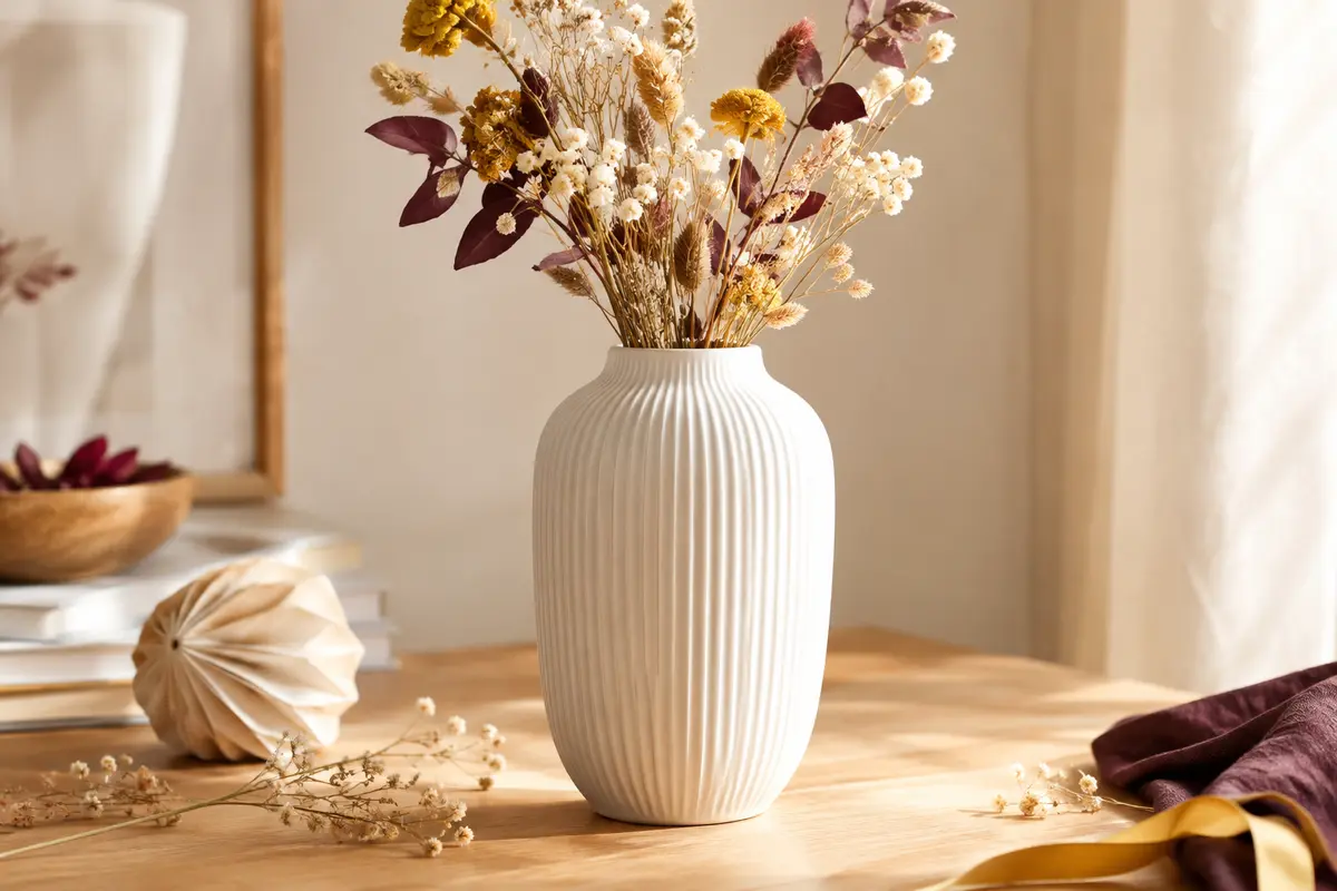 Vase décoratif blanc mat en céramique à reliefs verticaux, posé sur une table en bois clair avec des tiges séchées.