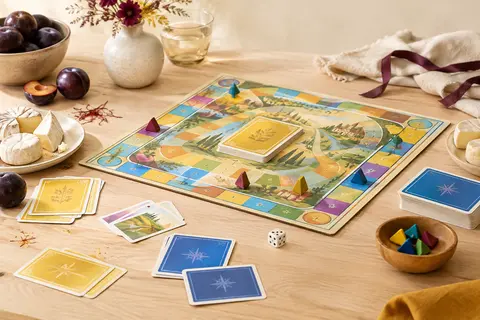 Plateau de jeu familial multicolore avec cartes jaunes et bleues, dé et triangles marqueurs sur une table claire.