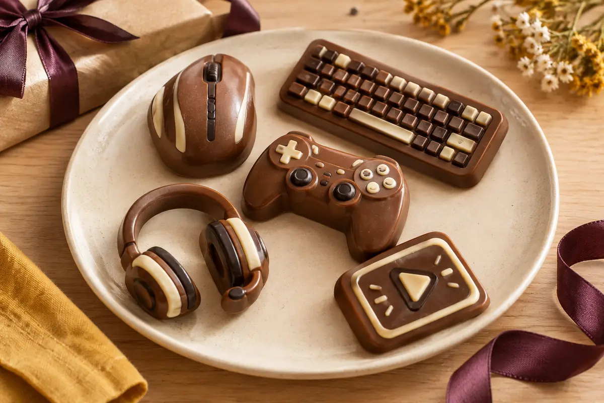 Cinq figurines de chocolat au lait gaming décorées de chocolat blanc et noir sur une assiette claire