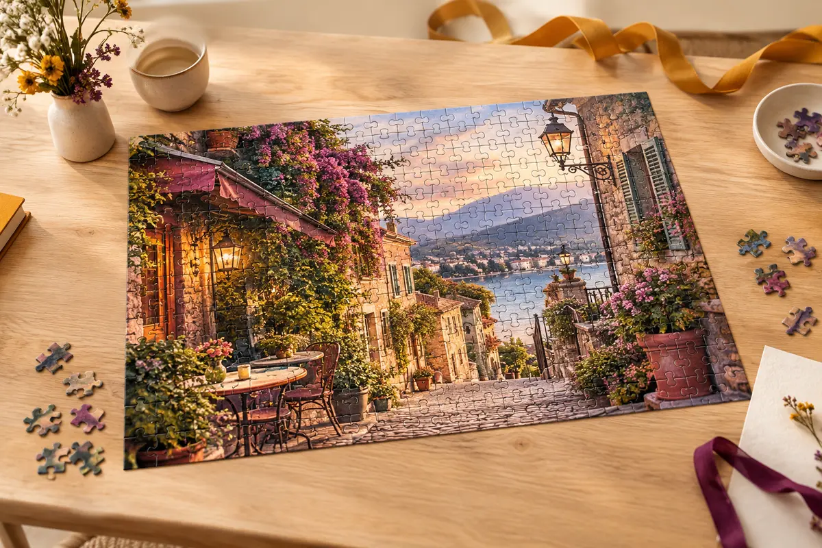 Puzzle de 1000 pièces assemblé représentant une scène de rue, posé sur une table en bois clair.