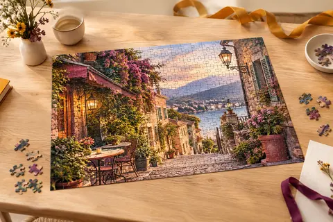 Puzzle de 1000 pièces assemblé représentant une scène de rue, posé sur une table en bois clair.