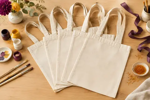 Lot de cinq tote bags vierges en coton posés sur une table en bois clair avec du matériel créatif.