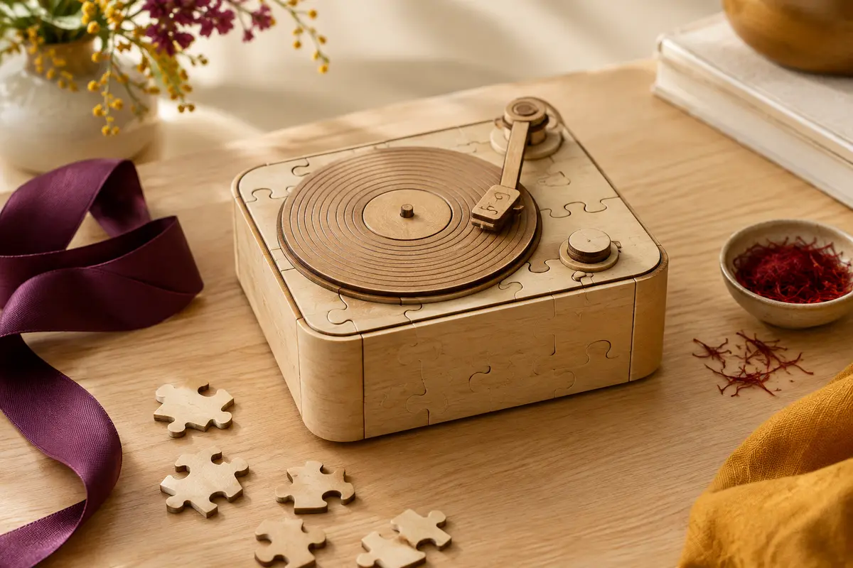 Boîte puzzle en bois de bouleau en forme de tourne-disque vintage, posée sur une table claire