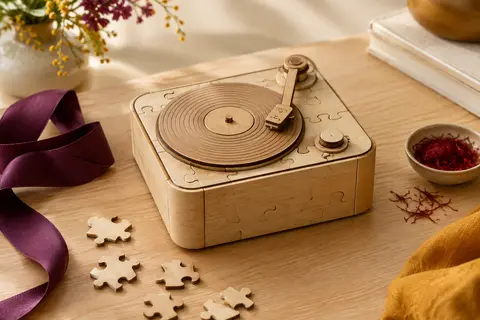Boîte puzzle en bois de bouleau en forme de tourne-disque vintage, posée sur une table claire