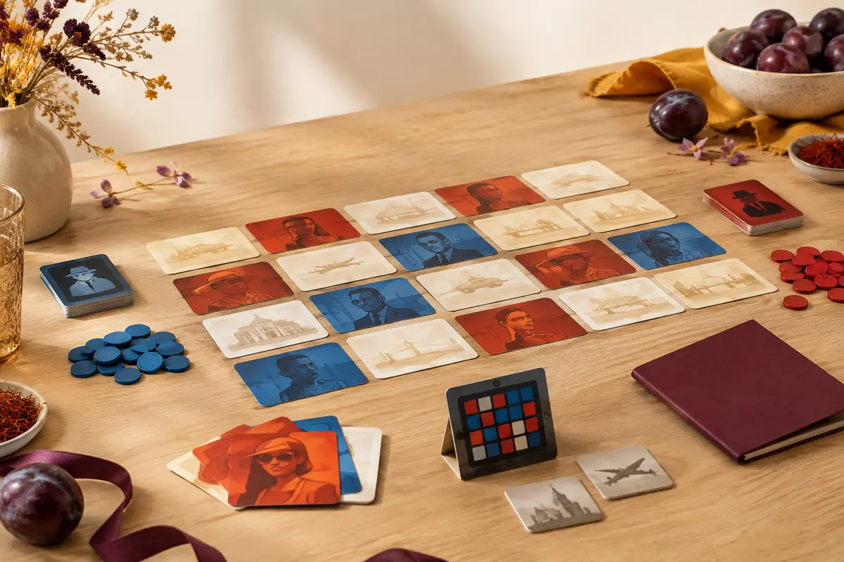 Jeu Codenames avec cartes multicolores et tuiles rouges et bleues disposées sur une table en bois clair
