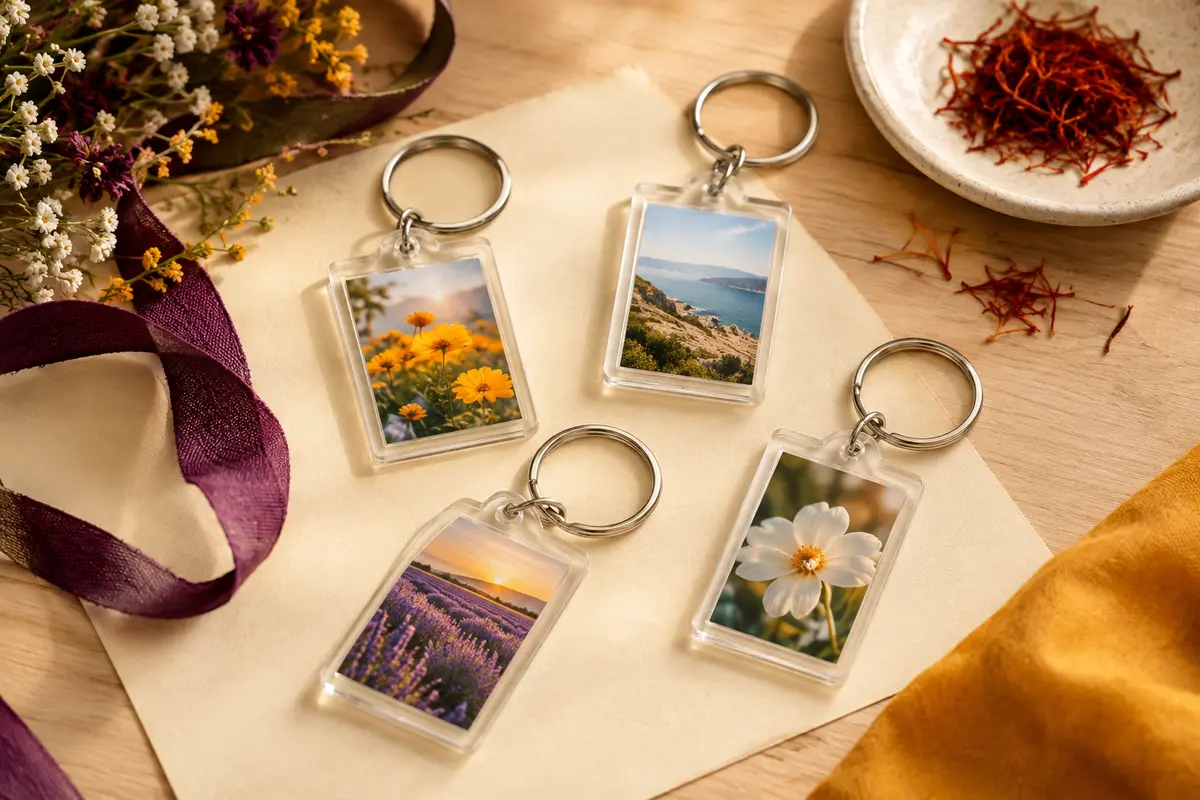 Lot de quatre porte-clés photo transparents en acrylique avec anneaux métalliques, présentés sur un fond clair.