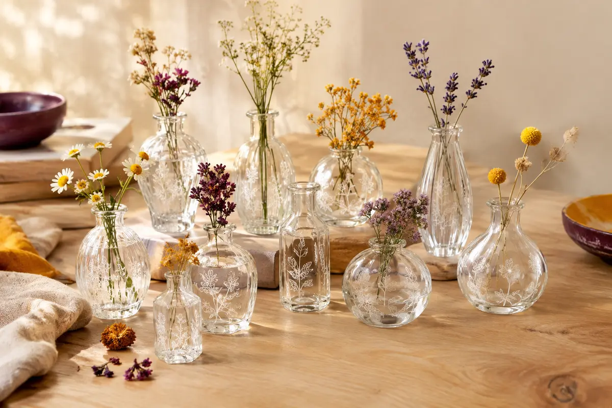 Lot de mini vases en verre gravé, de formes variées, disposés avec de petites fleurs sur une table claire