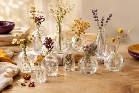 Lot de mini vases en verre gravé, de formes variées, disposés avec de petites fleurs sur une table claire