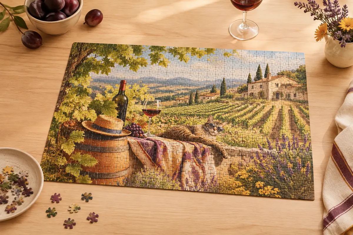 Puzzle rectangulaire multicolore de 1000 pièces sur une table en bois clair, avec quelques pièces éparses.