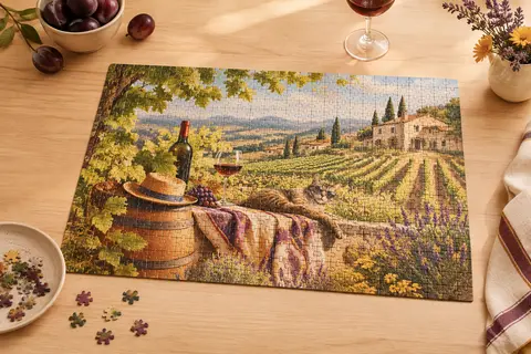 Puzzle rectangulaire multicolore de 1000 pièces sur une table en bois clair, avec quelques pièces éparses.