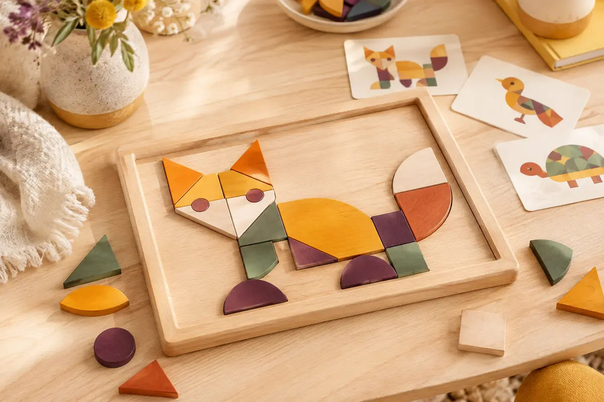 Puzzle mosaïque en bois aux formes colorées assemblées sur un plateau près de cartes modèles