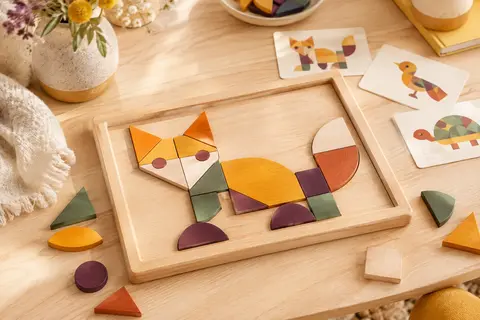 Puzzle mosaïque en bois aux formes colorées assemblées sur un plateau près de cartes modèles