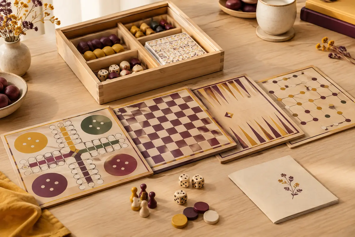 Coffret de jeux en bois ouvert avec plateaux colorés, pions et livret disposés sur une table claire.