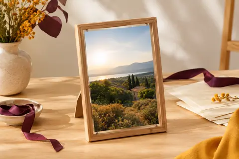 Cadre photo vertical en bois et acrylique posé sur une table claire, avec une image de paysage