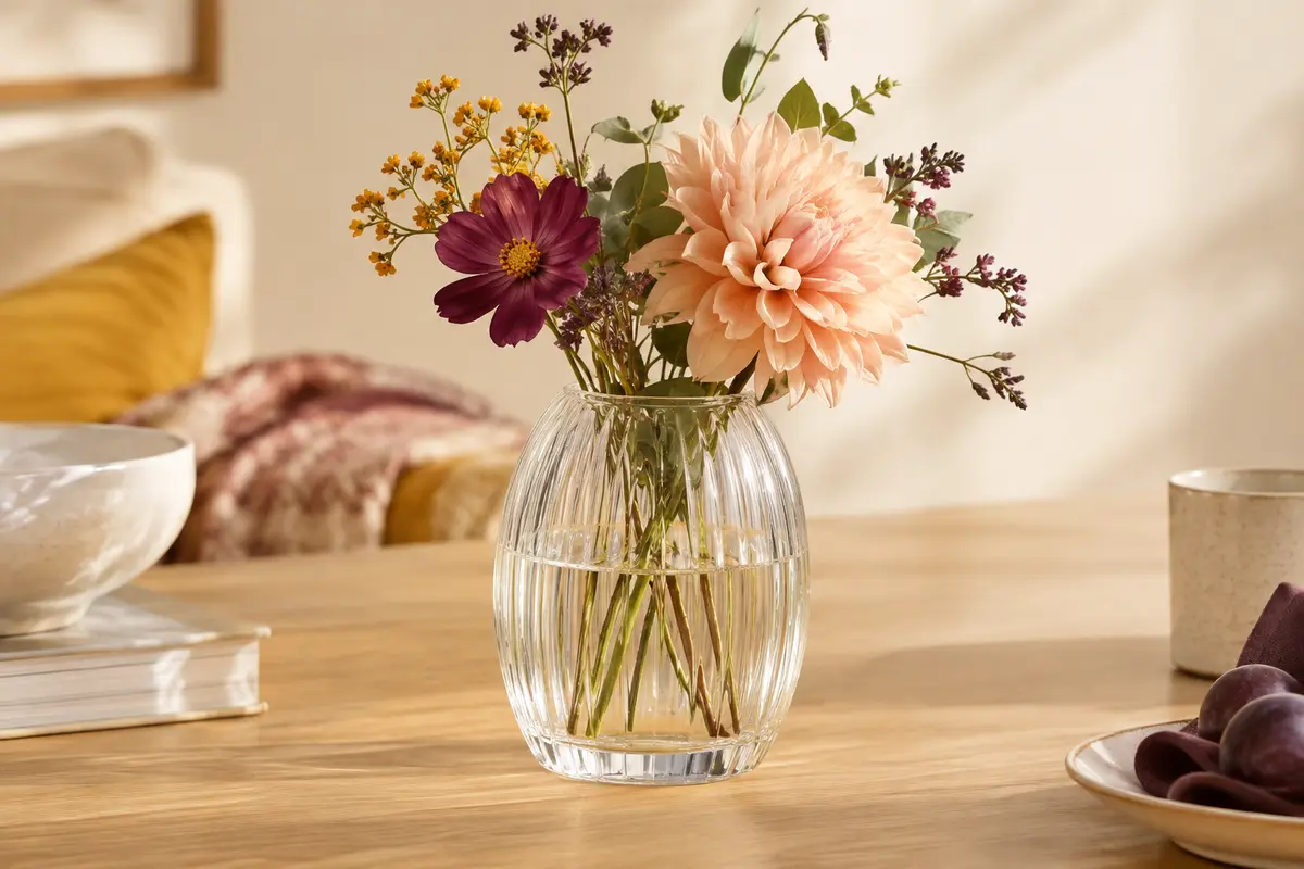 Vase ovale transparent en verre côtelé posé sur une table claire avec quelques fleurs fraîches.