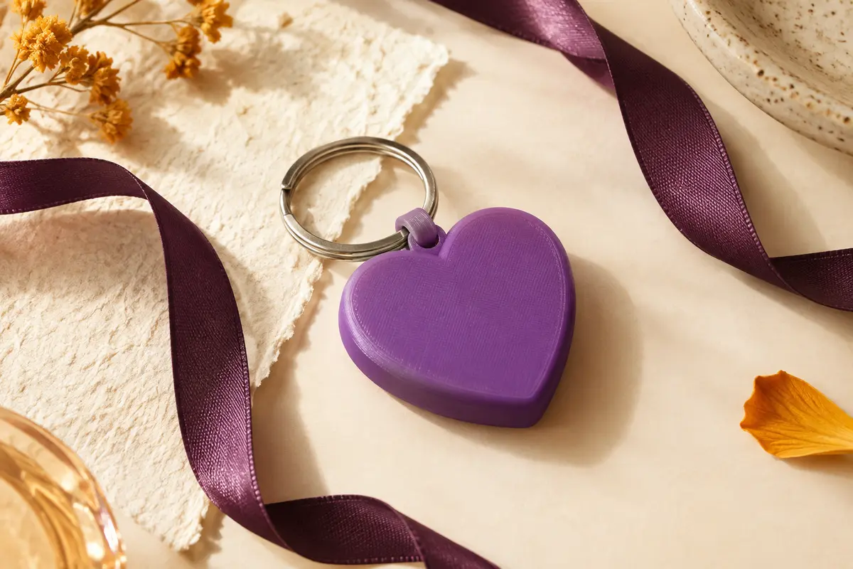 Porte-clés violet en forme de cœur imprimé en 3D, avec anneau fendu sur un fond crème.