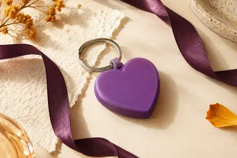 Porte-clés violet en forme de cœur imprimé en 3D, avec anneau fendu sur un fond crème.