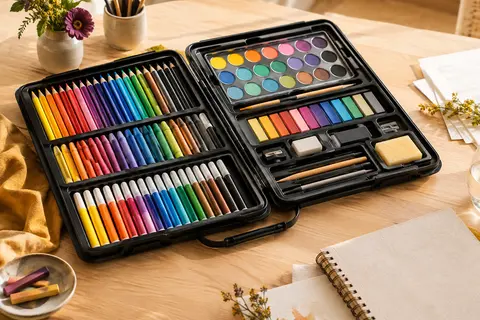 Mallette de dessin noire ouverte avec crayons, pastels, aquarelles et accessoires rangés sur un fond en bois clair