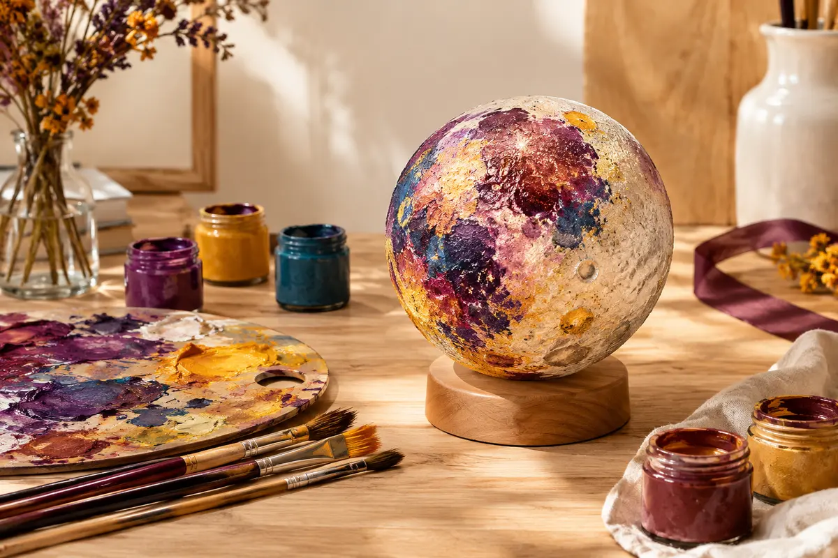 Lampe lune texturée peinte en couleurs vives sur son socle en bois, accompagnée de pinceaux et de peintures.