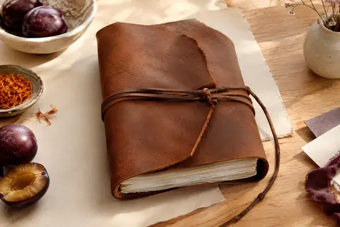 Carnet KomalC en cuir brun entrouvert sur ses pages vierges, avec sa fermeture à cordon.