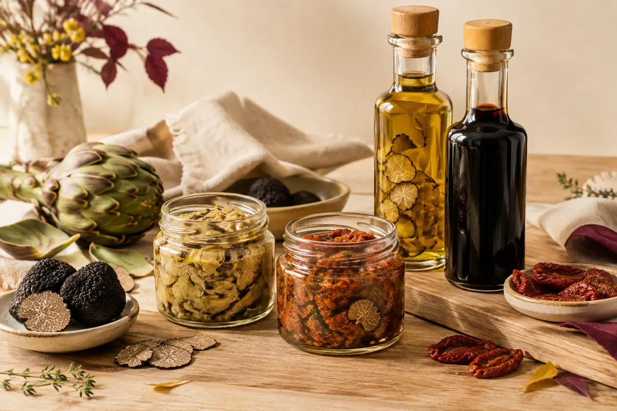 Quatre spécialités à la truffe en pots et bouteilles de verre sur un décor clair et chaleureux