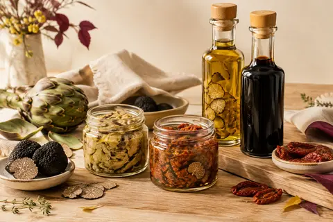 Quatre spécialités à la truffe en pots et bouteilles de verre sur un décor clair et chaleureux