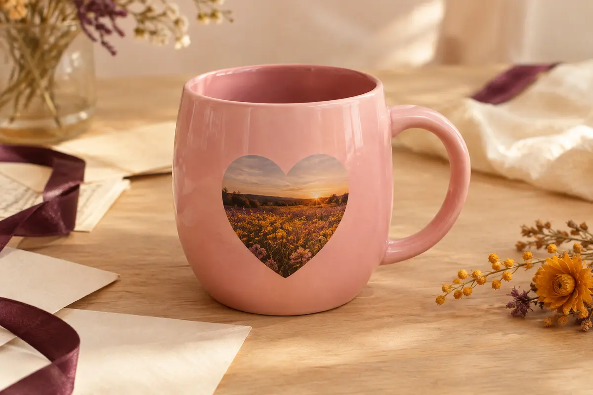 Mug rose en céramique personnalisé avec un motif photo en forme de cœur, posé sur du bois clair