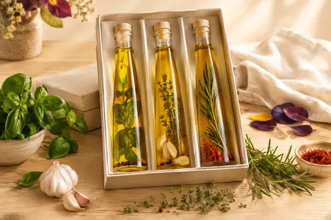 Trois huiles infusées au basilic, à l’ail et au thym-romarin présentées avec des herbes fraîches.