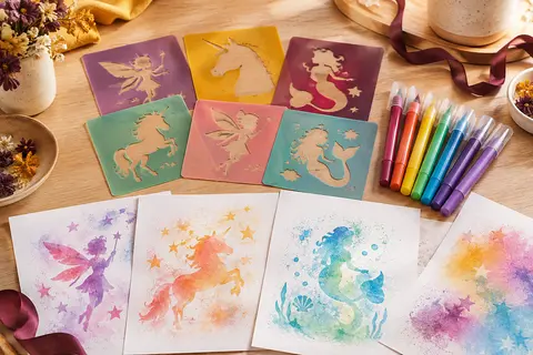 Feutres à souffler colorés, pochoirs féeriques et feuilles de dessin disposés sur un fond clair.