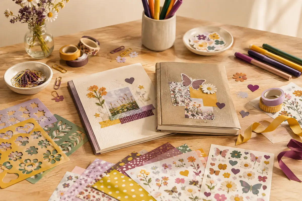 Kit de scrapbooking avec deux journaux, pochoirs, rubans et accessoires colorés sur une table en bois clair.