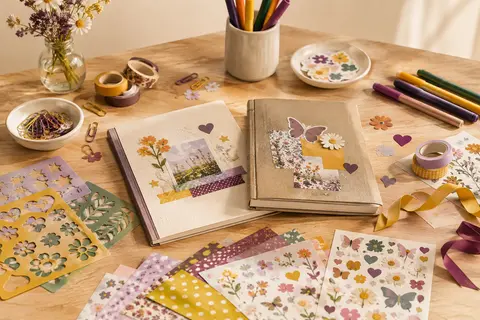 Kit de scrapbooking avec deux journaux, pochoirs, rubans et accessoires colorés sur une table en bois clair.