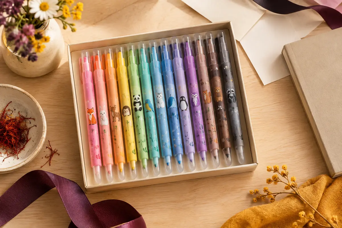 Coffret de 14 stylos gel effaçables multicolores à motifs animaux, disposés près d’un carnet.