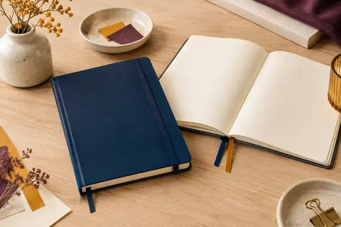 Carnet A5 bleu profond ouvert sur des pages vierges, avec élastique et rubans marque-pages
