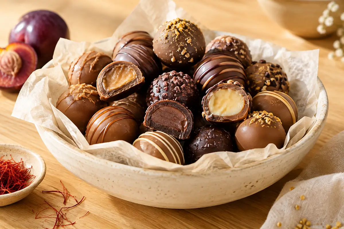 Assortiment de bouchées rondes au chocolat, dont une coupée pour montrer son cœur fondant