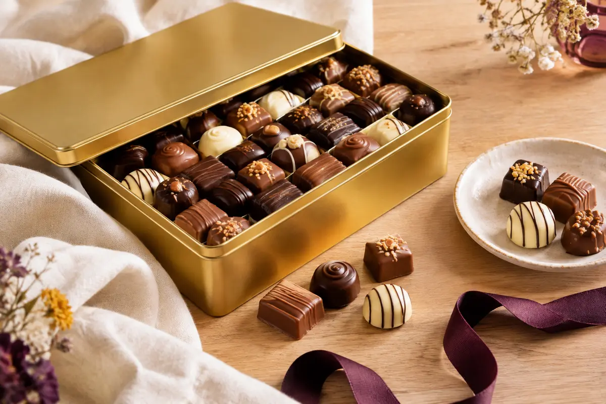 Coffret doré en métal ouvert avec un assortiment de chocolats LINDOR sur une table en bois clair