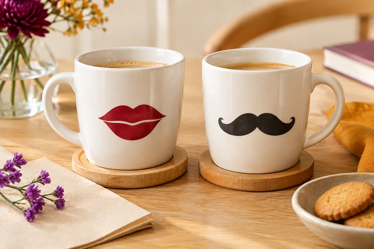 Duo de tasses blanches en céramique avec motifs de lèvres et de moustache, posées sur des socles en bois clair.