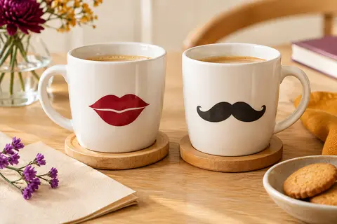 Duo de tasses blanches en céramique avec motifs de lèvres et de moustache, posées sur des socles en bois clair.