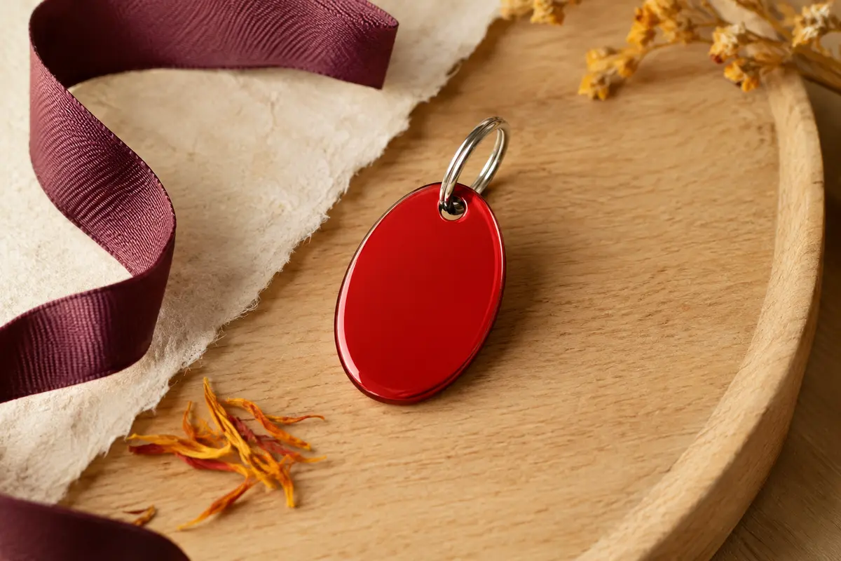 Médaille ovale rouge en aluminium avec anneau, posée sur un fond crème et bois clair.