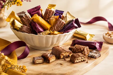 Assortiment de mini-barres chocolatées présenté dans une coupe en céramique sur un fond clair