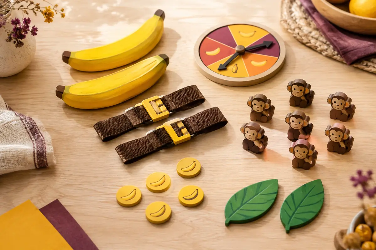 Jeu de société It’s Bananas présenté avec ses queues, ceintures, spinner, singes et jetons banane